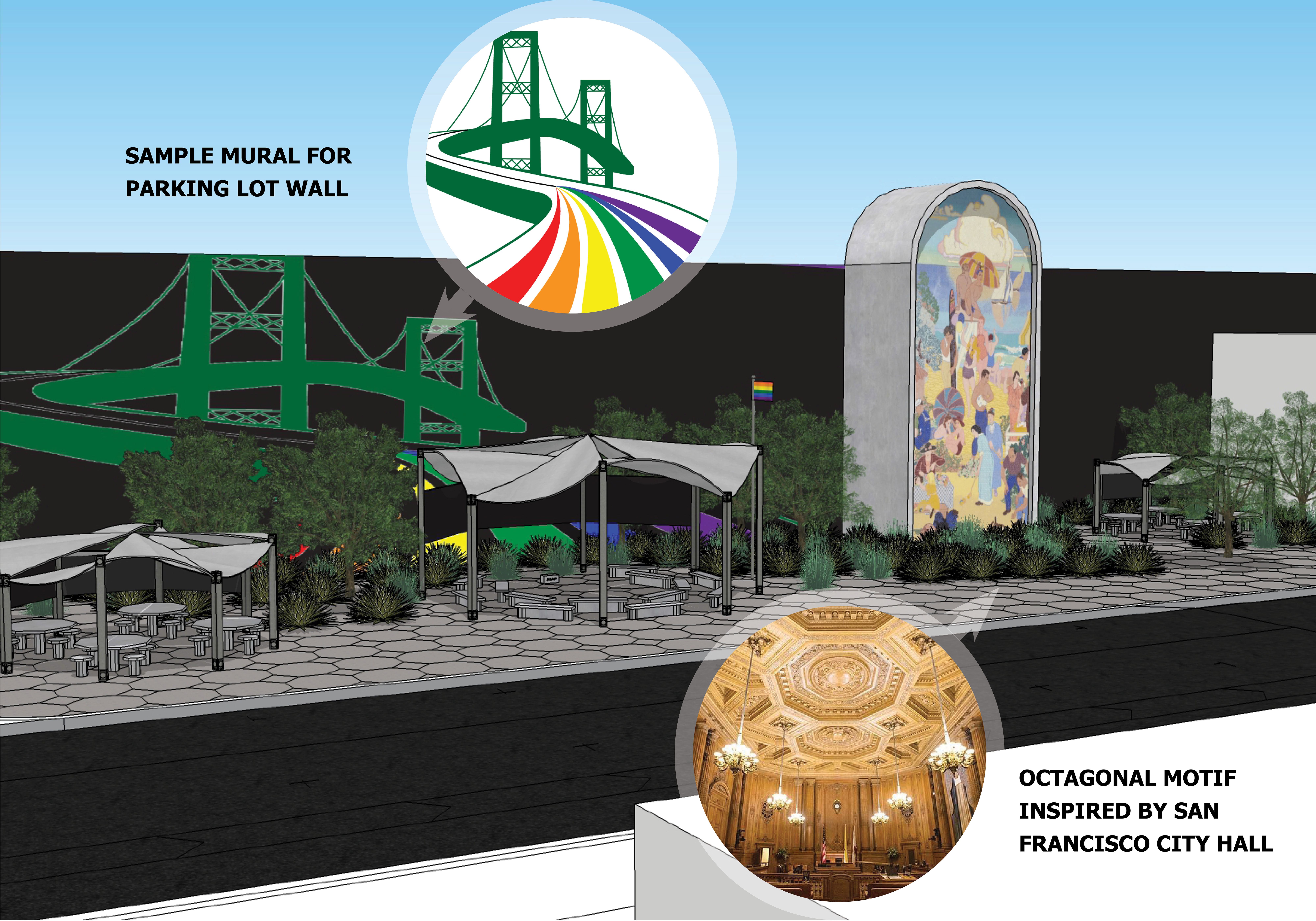 Annotated model view highlighting the inspiration for the octagonal motif and wall mural